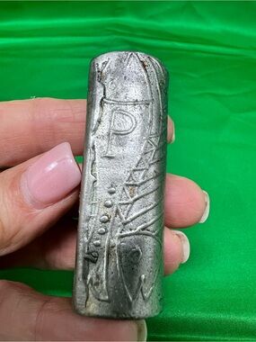 Hand-Carved (?) Silver-Tone Metal pepper shaker with Engraved Symbols fish